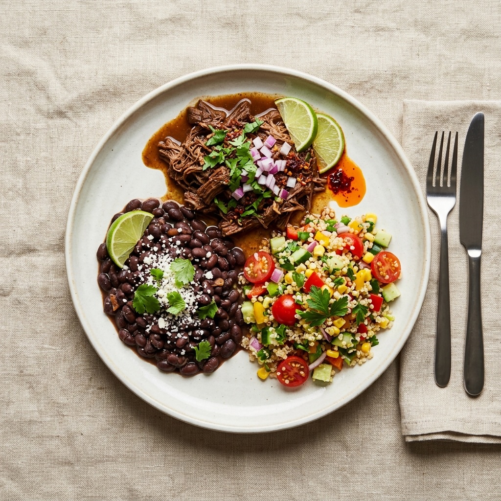 Taco bar spread with black beans and quinoa salad