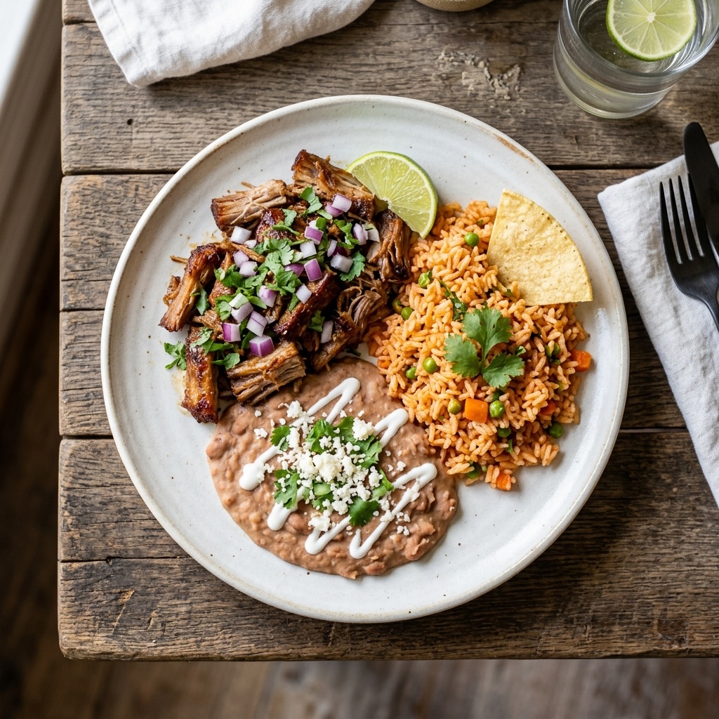 Carnitas with pinto beans and Spanish rice