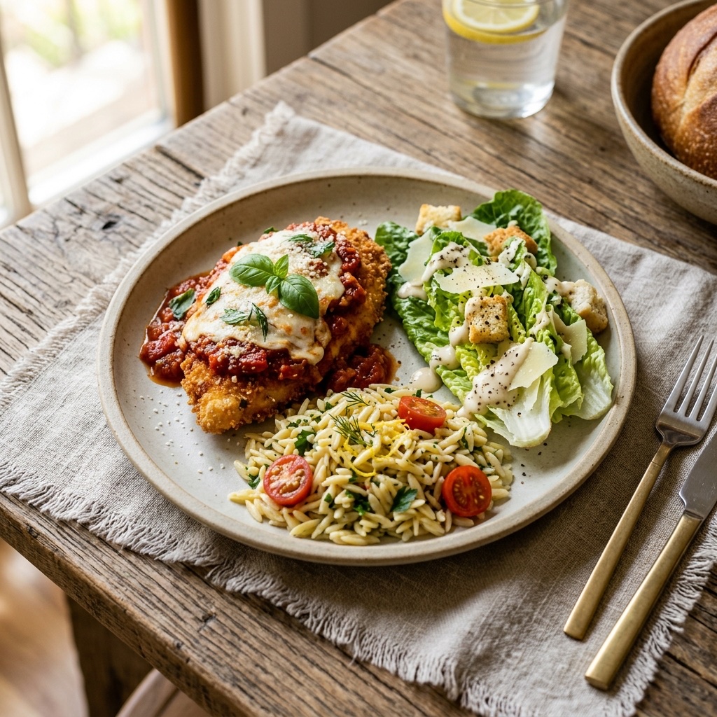 Chicken Parmesan with Caesar salad and orzo