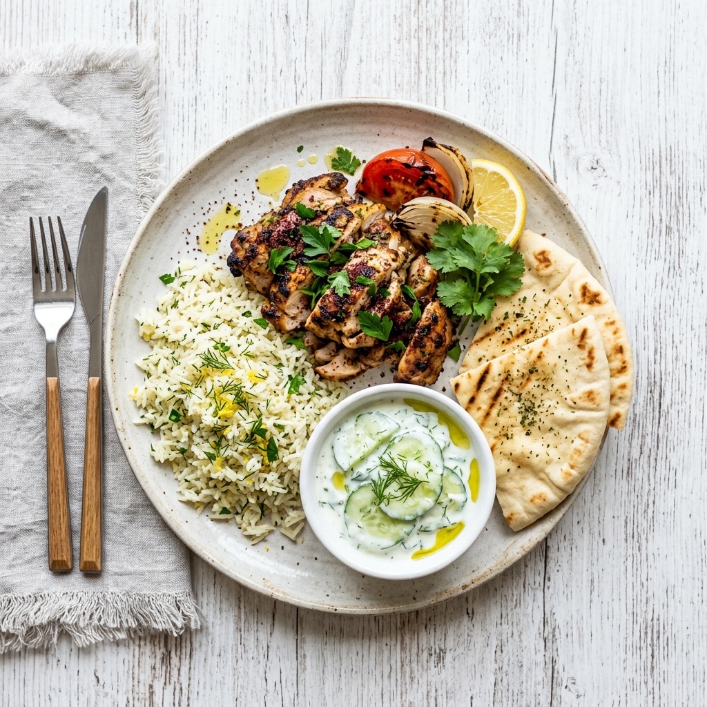 Chicken Shawarma with herb rice and tzatziki