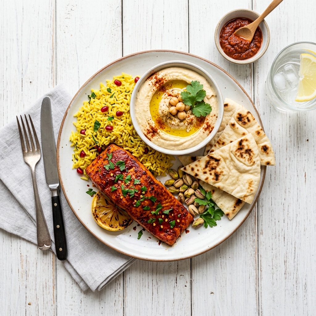 Harissa salmon with saffron rice