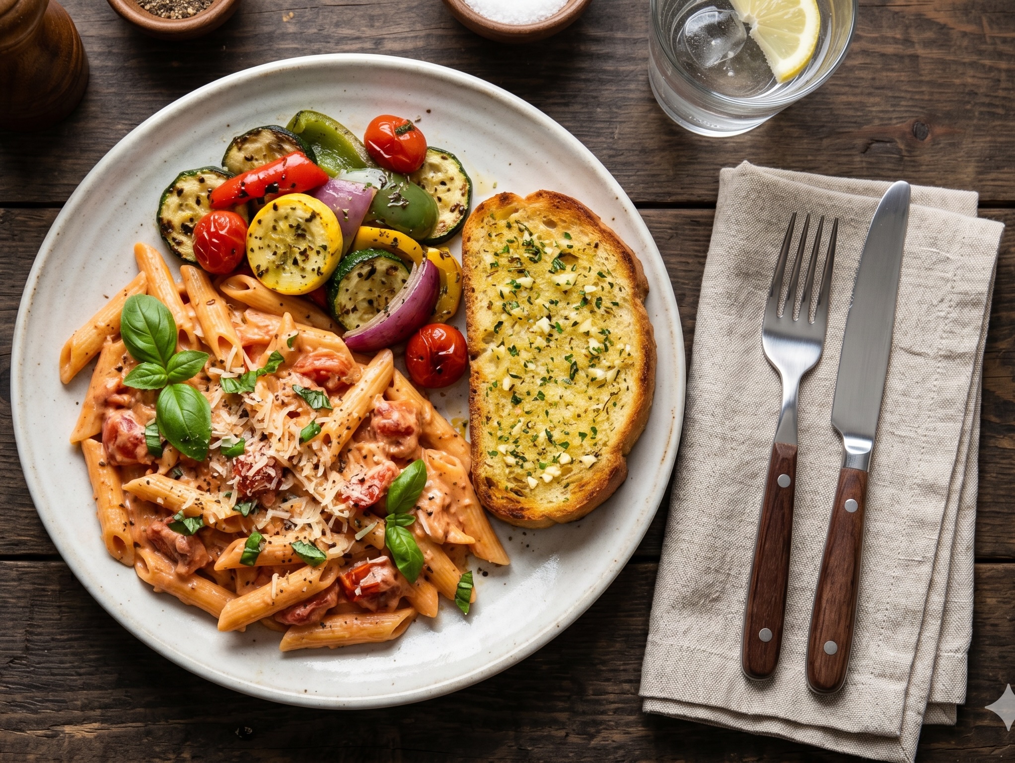 Italian pasta with garlic bread