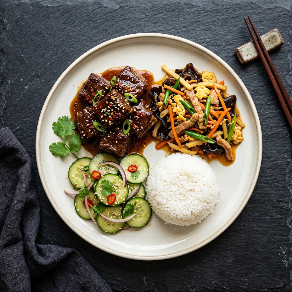 Loulan Classic Chinese spread — braised beef and moo shu pork
