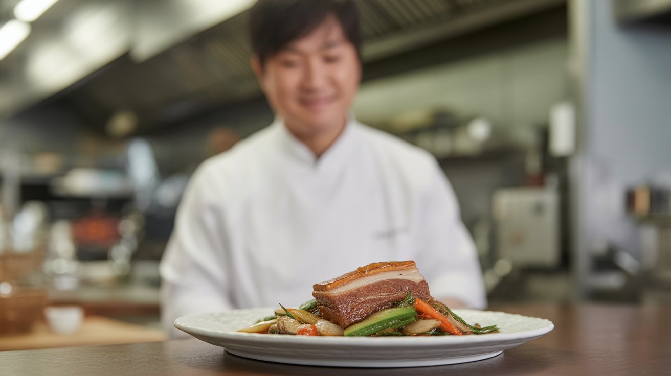 Loulan Chef Kun plating braised pork belly in kitchen