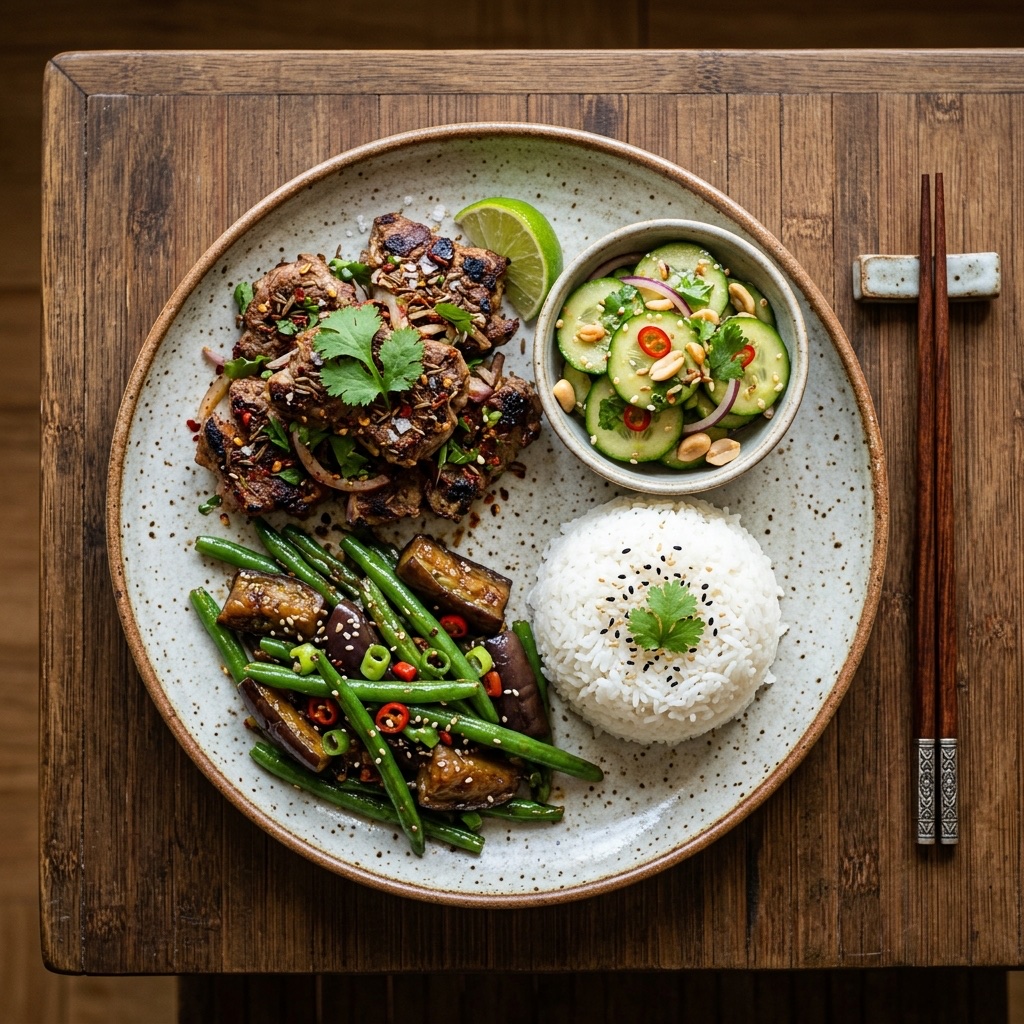 Grilled cumin lamb with eggplant — Xinjiang style