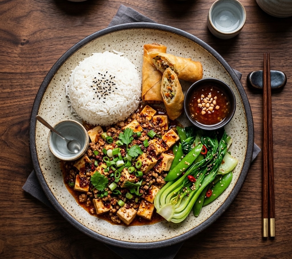 Mapo tofu and spring rolls spread